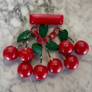 Vintage Bakelite Statement Pin - Hanging Cherries with Green Leaves